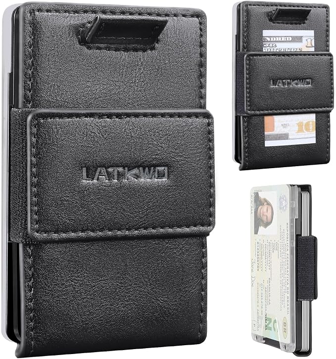 Wallet for Men Slim Pull Tab Metal RFID Blocking Credit Card Holder with ID Window & Cash Strap - Compact Front Pocket Design Holds 1-10 Cards (3.62x2.36x0.47in) (Black) by LATKWO