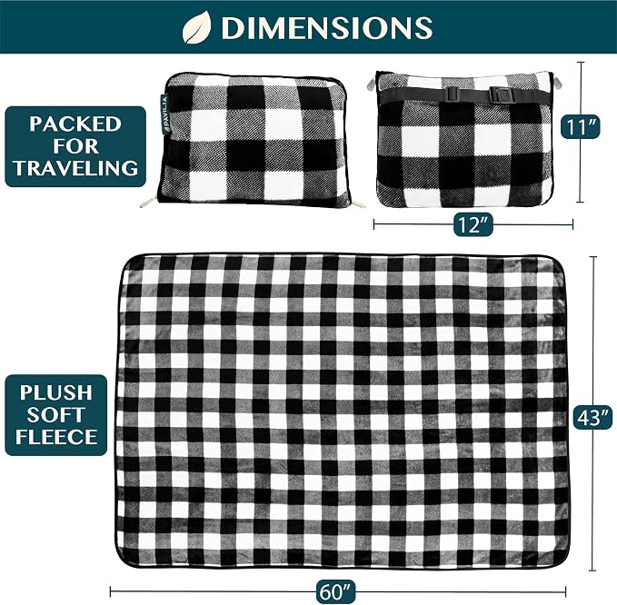 PAVILIA Travel Blanket Pillow, Soft Airplane Blanket 2-in-1 Combo Set, Plane Blanket Compact Packable, Flight Essentials Car Pillow, Travelers Gifts Accessories, Backpack Strap, 60x43 Checker White - Image 6