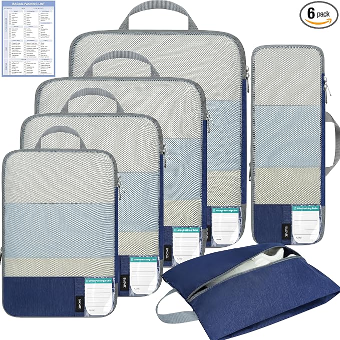 BAGAIL Lightweight Compression Packing Cubes for Travel, 6 Set, Navy | Salis Nylon Fabric,Anti-Tearing,Save Space,SBS Zippers,Packing List,PVC Tag Pocket,Custom Labels,Visible Mesh,Portable Handel by BAGAIL