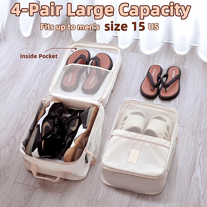 Large Shoe Bags for Travel Holds 4 Pair of Shoes, Shoe Storage Pouch with 3 Layers Compartments, Waterproof & Washable (Cream) - Image 3