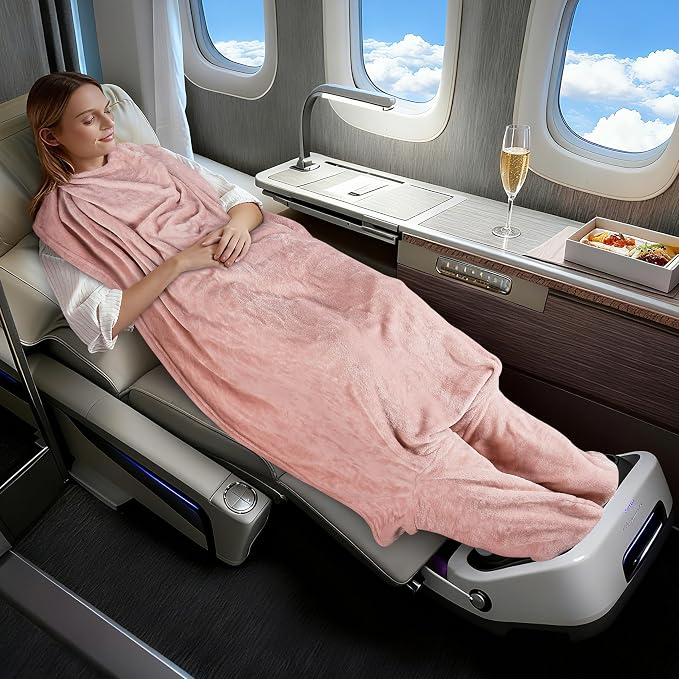 Tirrinia Travel Portable Blanket with Feet Pocket Airplane Office Poncho 4 in 1 Zippered Front Pocket Premium Cozy Fleece Blankets with Built-in Bag - Image 6