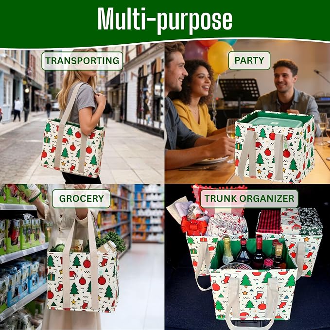 VENO 3 Pack Heavy Duty Reusable Grocery Shopping Bags Utility Tote | Water Resistant, Storage Box with Sturdy Handles & Hard Bottom, Foldable for Groceries Shopping Cart(Jingle Mix, 6 Gallon) - Image 2