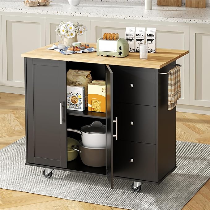 Shintenchi Kitchen Island with Folding Drop Leaf, Rolling Island Table with Storage, Kitchen Cabinet on Wheels with Seating Area for Kitchen, Bar Cart with Cabinet, Black - Image 2