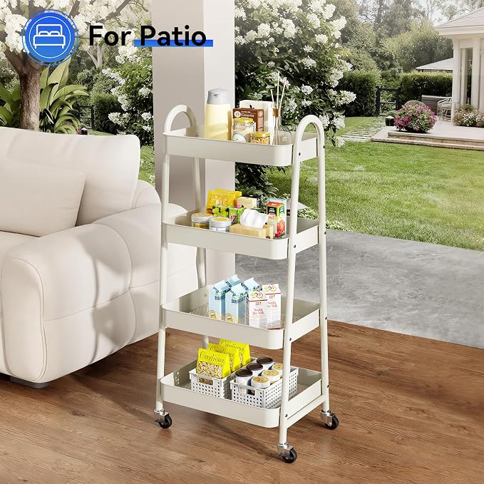 NEWBULIG 4-Tier Metal Rolling Storage Utility Cart with Lockable Wheels | Mobile Organizer Shelf, Space-Saving, Freestanding, Bathroom, Living Room, Slim, Narrow Corner Spaces, White - Image 8