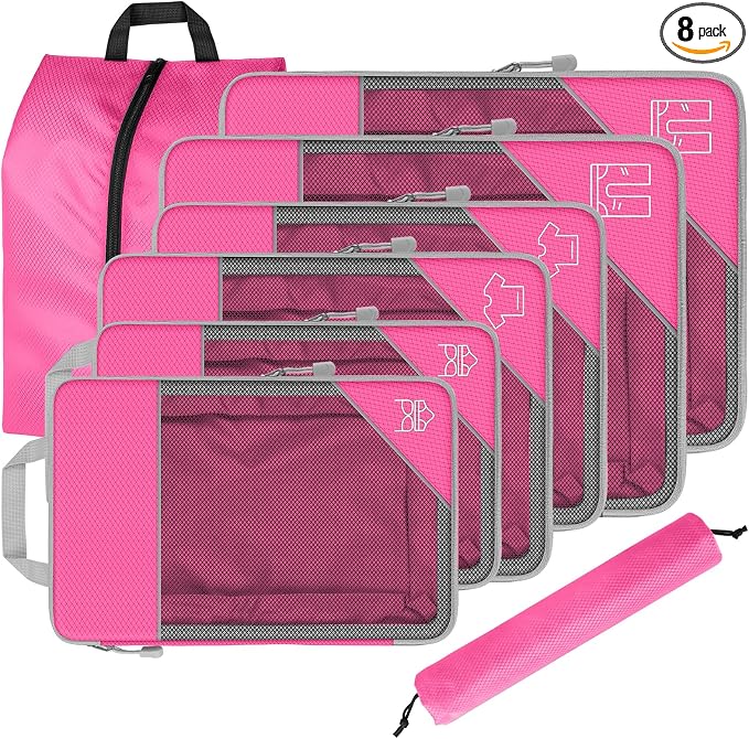 8 Set Compression Packing Cubes for Travel, Expandable Luggage Organizer with Shoe Bag & Laundry Bag - Lightweight Suitcase & Backpack Travel Essentials (Pink) by Unknown
