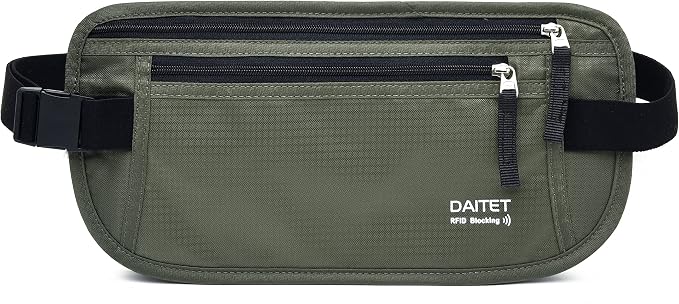 RFID Blocking Money Belt for Men Women, Slim Fanny Pack for Travel，Running,Conceal Waist Wallet for Passport Holder,Phone,Cash(Dark Olive Green) by DAITET