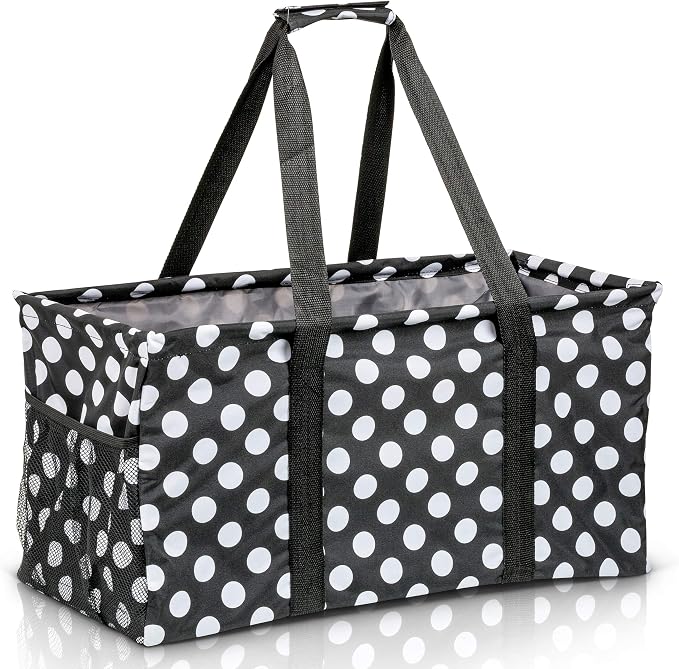 Extra Large Utility Tote Bag - Oversized Collapsible Reusable Wire Frame Rectangular Canvas Basket With Two Exterior Pockets For Beach, Pool, Laundry, Car Trunk, Storage - White Polka Dot by Lucazzi
