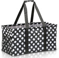 Extra Large Utility Tote Bag - Oversized Collapsible Reusable Wire Frame Rectangular Canvas Basket With Two Exterior Pockets For Beach, Pool, Laundry, Car Trunk, Storage - White Polka Dot by Lucazzi