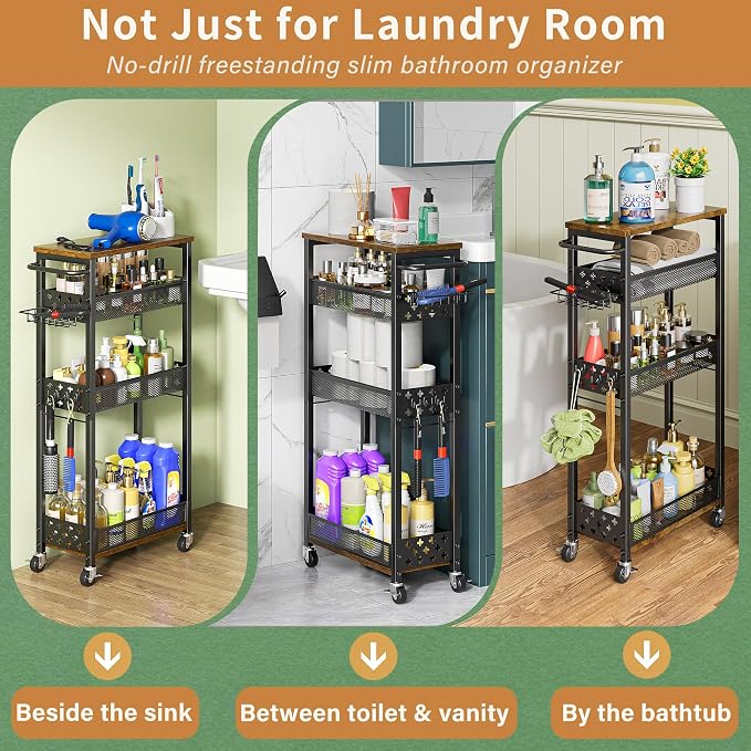 OKZEST Slim Laundry Room Organization Cart with Detergent Dispenser Holder | Holds tall bottles, Upgraded metal hub casters, 4-Tier space-saving narrow rolling cart, Premium wood & metal mesh shelves - Image 5