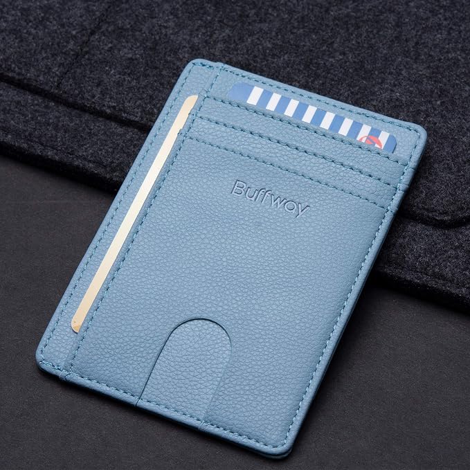 Buffway Slim Minimalist Front Pocket RFID Blocking Leather Wallets for Men and Women - Lichee Blue Grey - Image 4