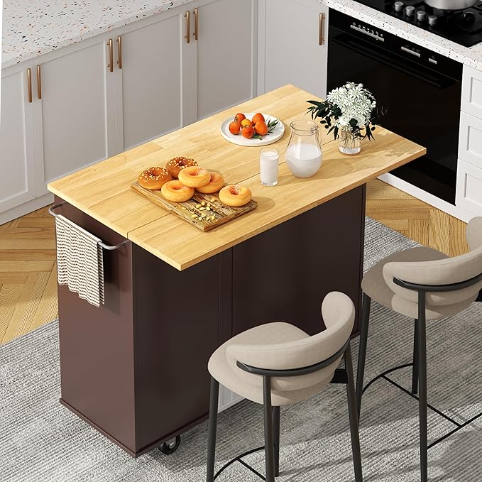 Shintenchi Kitchen Island with Folding Drop Leaf, Rolling Island Table with Storage, Kitchen Cabinet on Wheels with Seating Area for Kitchen, Bar Cart with Cabinet, Brown by Shintenchi%7CFurnitureMadeforRealLife