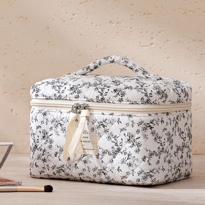 HBselect Quilted Makeup Bag, 3Pcs Cotton Large Travel Makeup Bags Organizer | Cute Floral Make up Bag Cosmetic Bag Toiletry Bag for Women Girls, Makeup Pouch for Skincare, Brushes & Travel Essentials - Image 6