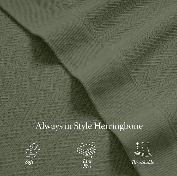 Threadmill Luxury Cotton Blankets for Queen Size Bed | All-Season 100% Cotton Queen Size Blanket | Herringbone Cozy, Soft Breathable Fall Thermal Blanket fits Full Size Bed | Olive - Image 4