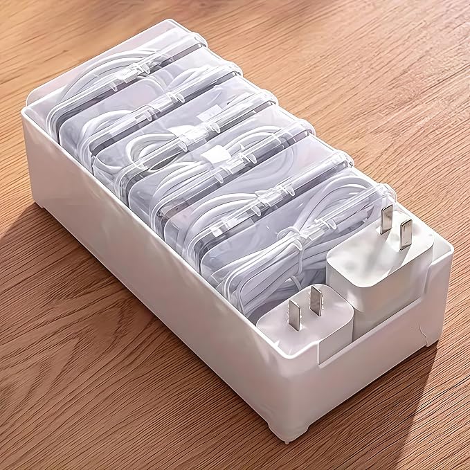 11 Grid Clear Cable Organizer Box with Switch for Desktop Cord Storage | Office desktop use, home wire sorting, stationery storage, detachable dividers, tidy cable arrangement - Image 7