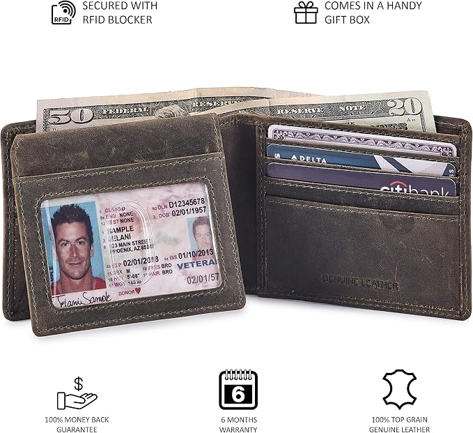 Wallet for Men Slim RFID Blocking Leather Bifold Minimalist 2 ID Windows Gift Box Carteras Para Hombres (CRAZY HORSE, MOSS GREEN) - Image 4