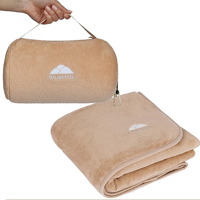 BlueHills Premium Soft Rolled Travel Blanket Pillow Combo Airplane - Beige | Must Have Travel Essentials, Airplane Accessories, 70 X48 Large Blanket, Matching Carry Case, Carabiner, Long Flight Comfort by BlueHills