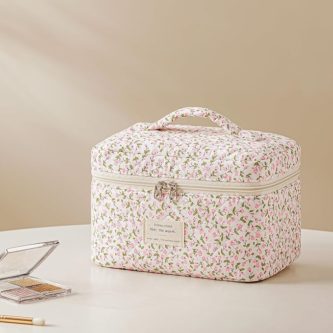 HBselect Quilted Makeup Bag, 3Pcs Cotton Large Travel Makeup Bags Organizer | Cute Floral Make up Bag Cosmetic Bag Toiletry Bag for Women Girls, Makeup Pouch for Skincare, Brushes & Travel Essentials - Image 5