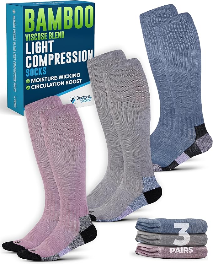 Doctor's Select® Bamboo Viscose Light Compression Socks for Women & Men - 3 Pairs, 8-15 mmHg Compression Socks, Knee High by DoctorsSelect