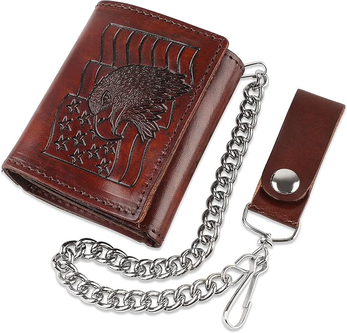 RFID Blocking Men's Tri-fold Vintage Biker Cowhide Leather Steel Chain Wallet,Snap closure, Made In USA,at315-129,flag/eagle,brown by FLCLASSIC
