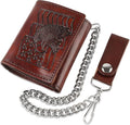 RFID Blocking Men's Tri-fold Vintage Biker Cowhide Leather Steel Chain Wallet,Snap closure, Made In USA,at315-129,flag/eagle,brown by FLCLASSIC