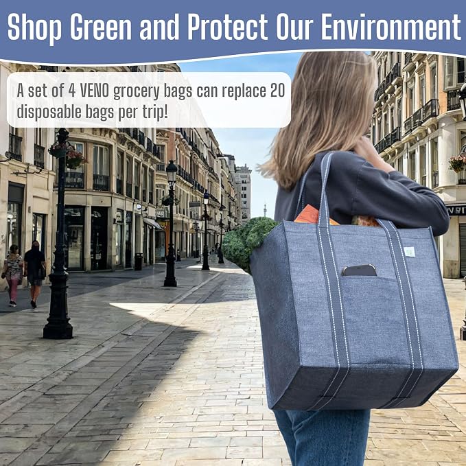 VENO 4 Pack Large Grocery Bag Reusable Shopping Bags with Hard Bottom | Utility Tote with Reinforced Handles, Heavy Duty, Foldable, Stand Upright, for Groceries Shopping Cart Storage(Gray, 4 Pack) - Image 7