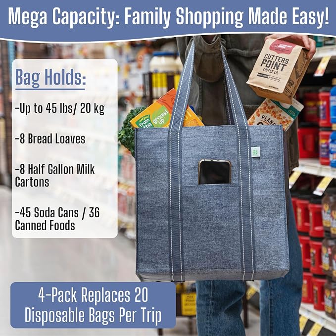 VENO 4 Pack Large Grocery Bag Reusable Shopping Bags with Hard Bottom | Utility Tote with Reinforced Handles, Heavy Duty, Foldable, Stand Upright, for Groceries Shopping Cart Storage(Gray, 4 Pack) - Image 5