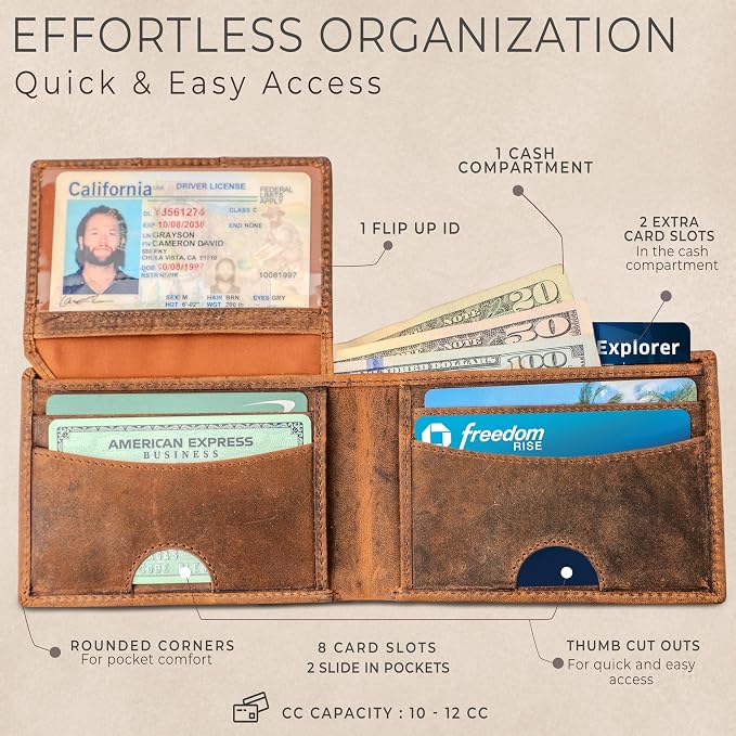 BULL GUARD Expedition Series Bifold Leather Wallet for Men RFID Blocking, Top Grain Cowhide, Flip-Up ID Window, Compact & Durable Everyday Carry Wallet for Travel, Work & Outdoors, Ready to Gift - Image 4