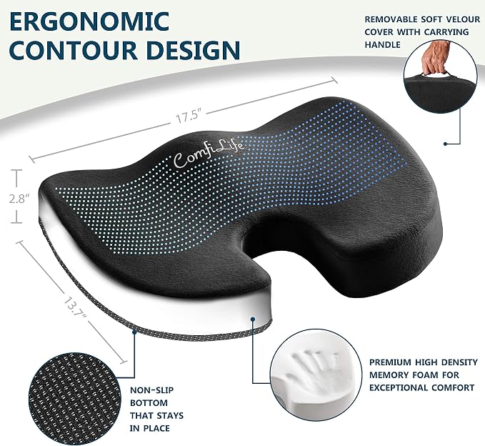 ComfiLife Premium Comfort Seat Cushion - Non-Slip Orthopedic 100% Memory Foam Coccyx Cushion for Tailbone Pain - Cushion for Office Chair Car Seat - Back Pain & Sciatica Relief (Black) - Image 3