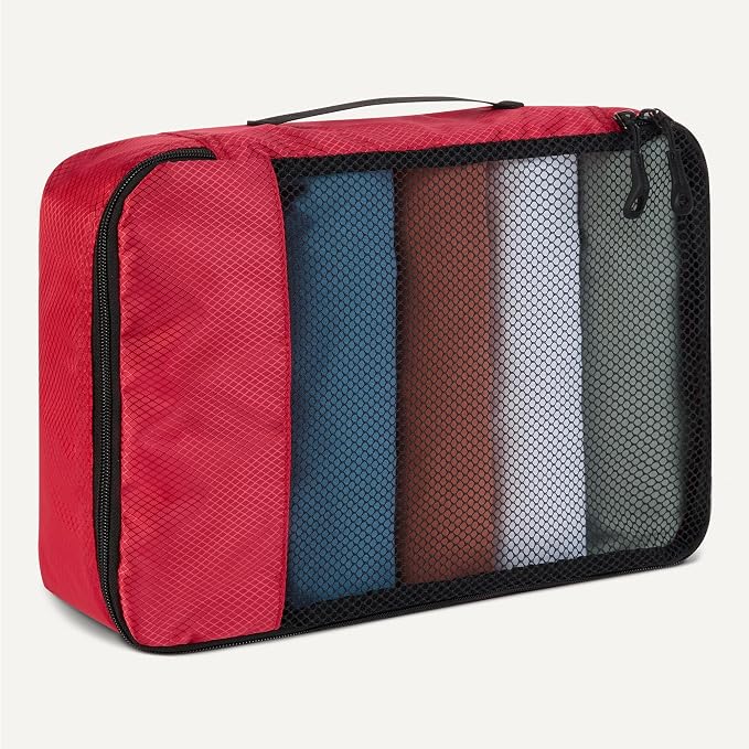 Amazon Essentials 4-Piece Packing Cubes Travel Accessories Set, Luggage Organizer with Double Zipper, Mesh Top, Space-Saving, 2 Medium/2 Large, Red (Previously Amazon Basics) - Image 4