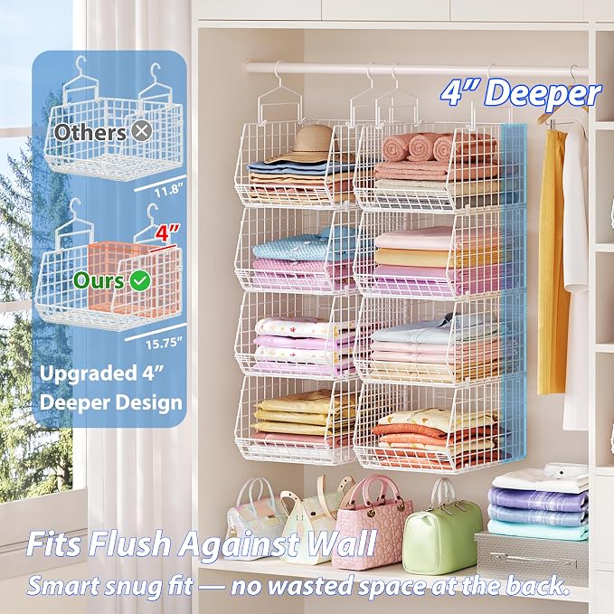 6 Tier Extended Depth Hanging Closet Organizer, Closet Storage Hanging Shelves with Hanging Hooks for Clothes Sweaters Towels Handbags, Stackable Metal Mesh Bins For Closet, Laundry, Bathroom, Dorm - Image 5