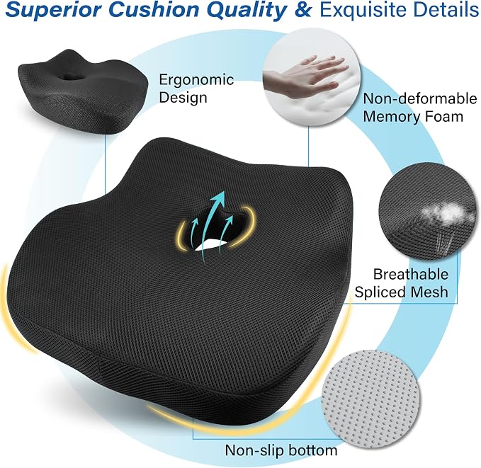 Allaboutsla Car Seat Cushion for Driving, Car Seat Pillow for Short Drivers | Ergonomic Memory Foam Seat Cushion for Pain Relief, Adult Booster Seat for Car, Butt Cushion for Car, Truck, Office, Black - Image 8