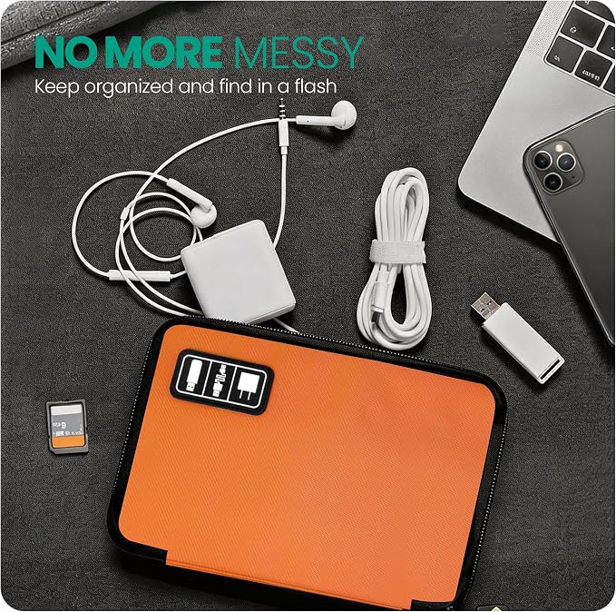 Cord Organizer Travel, Electronics Organizer Tech Pouch - Portable Cable Organizer Bag for Cords, Charger, Phone, SD Card, Power Bank for Travel & Daily Use -Orange Green - Image 2