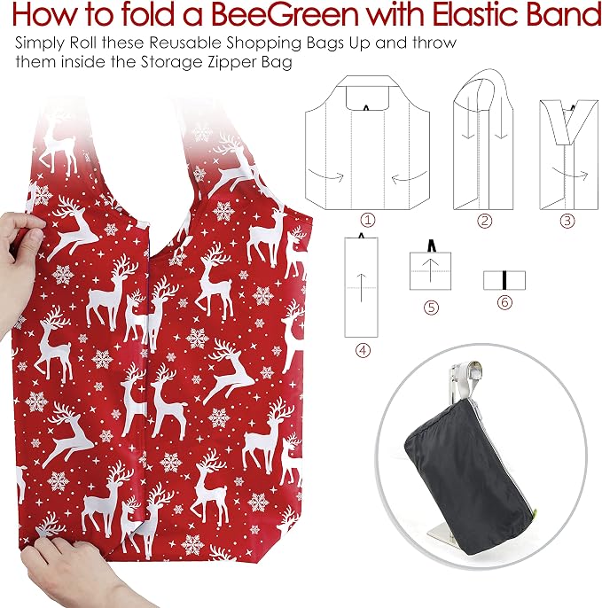 BeeGreen Christmas Reusable Grocery Bags 10 Pack Reusable Shopping Bags Bulk Christmas Gifts Tote Bags with Zipper Storage Pouch Elastic Band Foldable-Machine Washable - Image 5