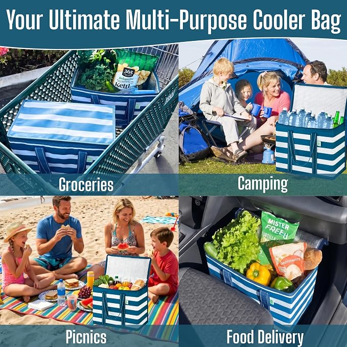 VENO 2 Pack Insulated Cooler Bag Reusable Grocery Bag for Food Delivery | Heavy Duty Large Collapsible Cooler Shopping Tote w/ Zippers,Foldable,Stands Upright for Camping(Classic Navy Stripe,2 Pack) - Image 5