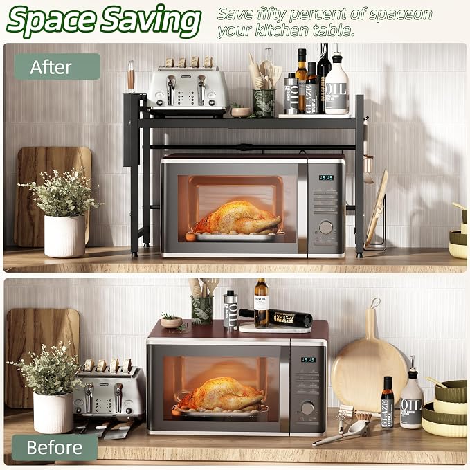 2 Tier Expandable Microwave Stand countertop,Microwave Oven Rack | microwave shelf with Cutting Board Holder and Knife Holder, storage shelves for pans &appliances,8 Hooks,55lbs max load,Black - Image 6