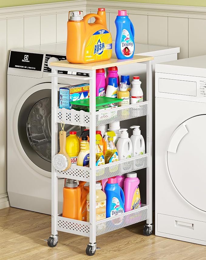OKZEST 4-Tier Slim Rolling Storage Cart for Laundry Room, Bathroom, Kitchen | Upgraded metal hub casters, Narrow utility cart for small space/gaps, Premium wood top & metal mesh shelf, with handle & hook by OKZEST