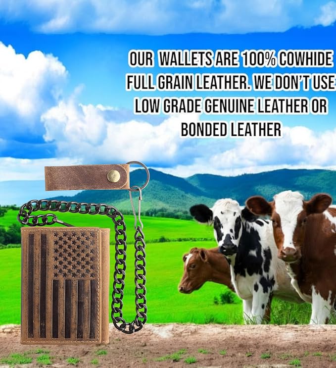 F&L CLASSIC RFID Blocking Men's Tri-fold Vintage Biker Cowhide Leather Steel Chain Wallet,Snap closure, brown,flag,315-100 - Image 5