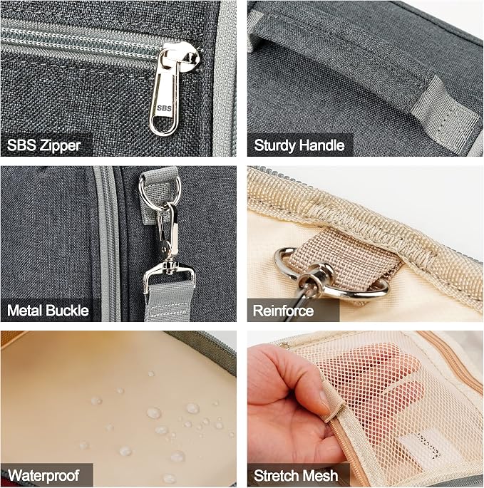 Hanging Travel Toiletry Bag for Women and Men, 6 Organizer Compartments, Extra Large Toiletries Bag, Bathroom Cosmetic Bag, Water-resistant Makeup Bag, Holds Full-Size Shampoo, Grey - Image 7