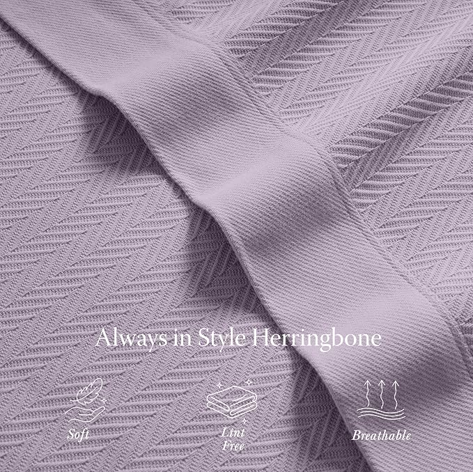 Threadmill Cotton Queen Blanket, Herringbone, Lilac, All-Season, Breathable | 100% Cotton, Herringbone Pattern, 350 GSM, 90x92 in, Breathable, All-Season, OEKO-TEX Certified, Machine Washable - Image 4