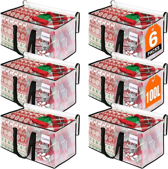 RoomHacks Moving Bags, Heavy Duty Large Storage Bags, 100L, 6 Pack, Clear | Water-Resistant Packing Bags with Reinforced Handles & Dual Zippers, Foldable Storage Totes for Dorm Move & Home Organization by RoomHacks