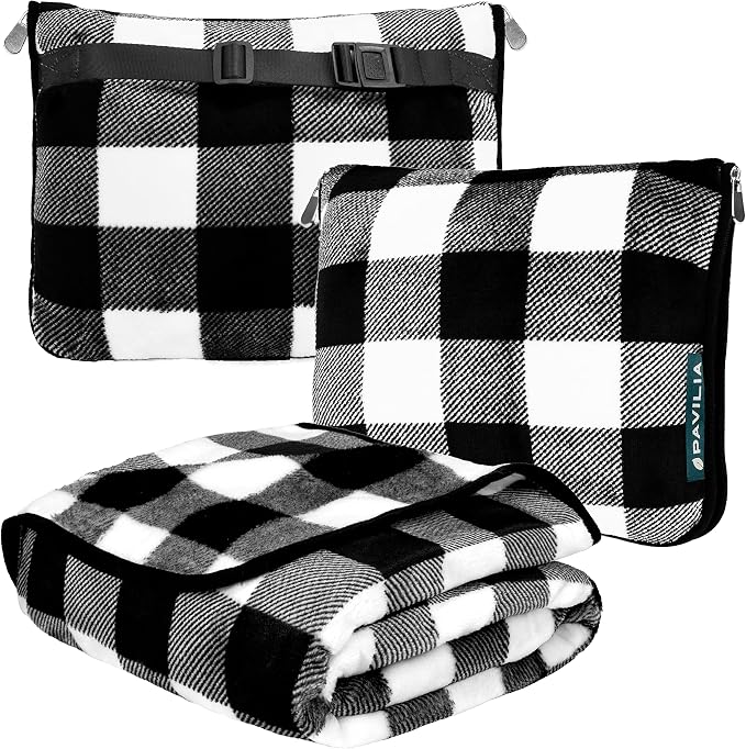 PAVILIA Travel Blanket Pillow, Soft Airplane Blanket 2-in-1 Combo Set, Plane Blanket Compact Packable, Flight Essentials Car Pillow, Travelers Gifts Accessories, Backpack Strap, 60x43 Checker White by PAVILIA