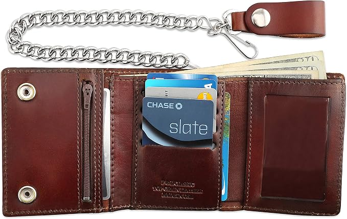 RFID Blocking Men's Tri-fold Vintage Biker Cowhide Leather Steel Chain Wallet,Snap closure, Made In USA,at315,Antique-brown - Image 2