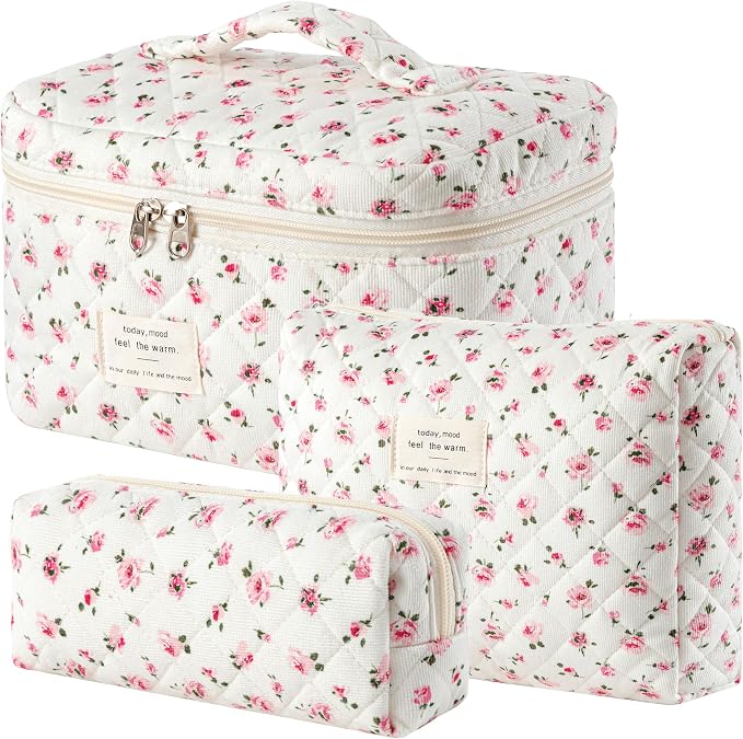 HBselect Quilted Makeup Bag, 3Pcs Cotton Large Travel Makeup Bags Organizer | Cute Floral Make up Bag Cosmetic Bag Toiletry Bag for Women Girls, Makeup Pouch for Skincare, Brushes & Travel Essentials by HBselect
