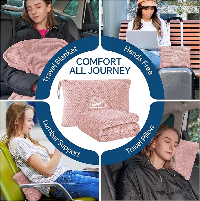 BEDELITE Travel Blanket with Bag, Jacquard Fleece Blanket 65"x40", Pink | Ultra-soft Airplane Blanket, Luggage Sleeve & Backpack Clip, Travel Essentials for Women, Foldable as Pillow for Long Flight - Image 3