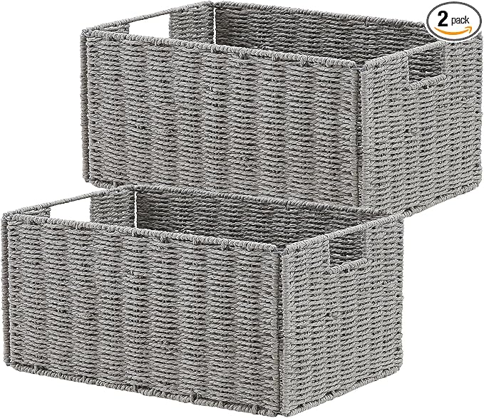 Wicker Storage Basket, Set of 2 Hand-Woven Paper Rope Wicker Basket, Small Storage Baskets for Organizing Toilet Paper, Foldable Large Cube Storage Organizer Bins for Shelves (Grey) by Vagusicc