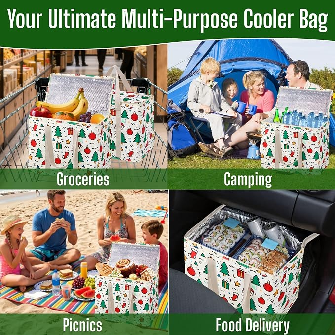 VENO 2 Pack Insulated Cooler Bag for Food Delivery, Reusable Grocery Bag | Heavy Duty Large Collapsible Cooler Shopping Tote w/ Zippers, Foldable, Stands Upright for Camping Picnic(Jingle Mix, 2 Pack) - Image 5