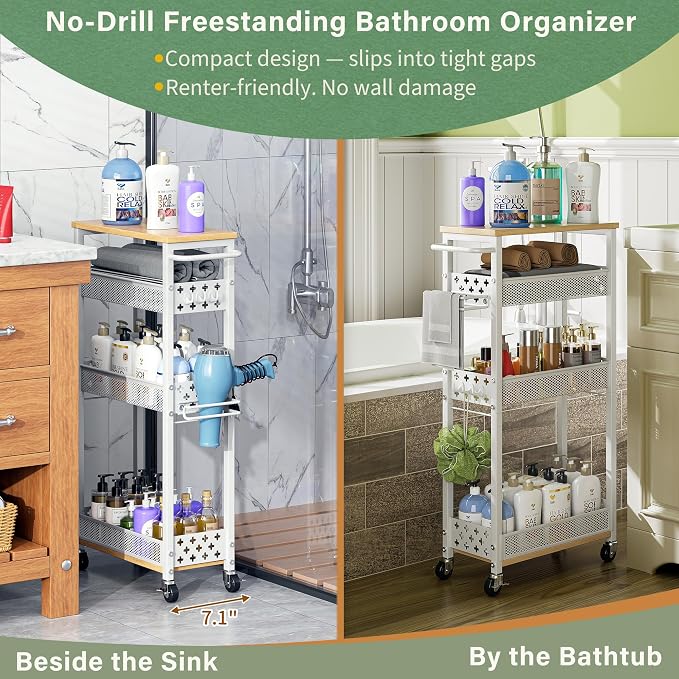 OKZEST Slim Bathroom Organizers and Storage Cart with Toilet Paper Holder | Upgraded metal hub casters, 4-Tier space-saving narrow rolling cart, Premium wood & metal mesh shelves, Holds tall bottles - Image 5