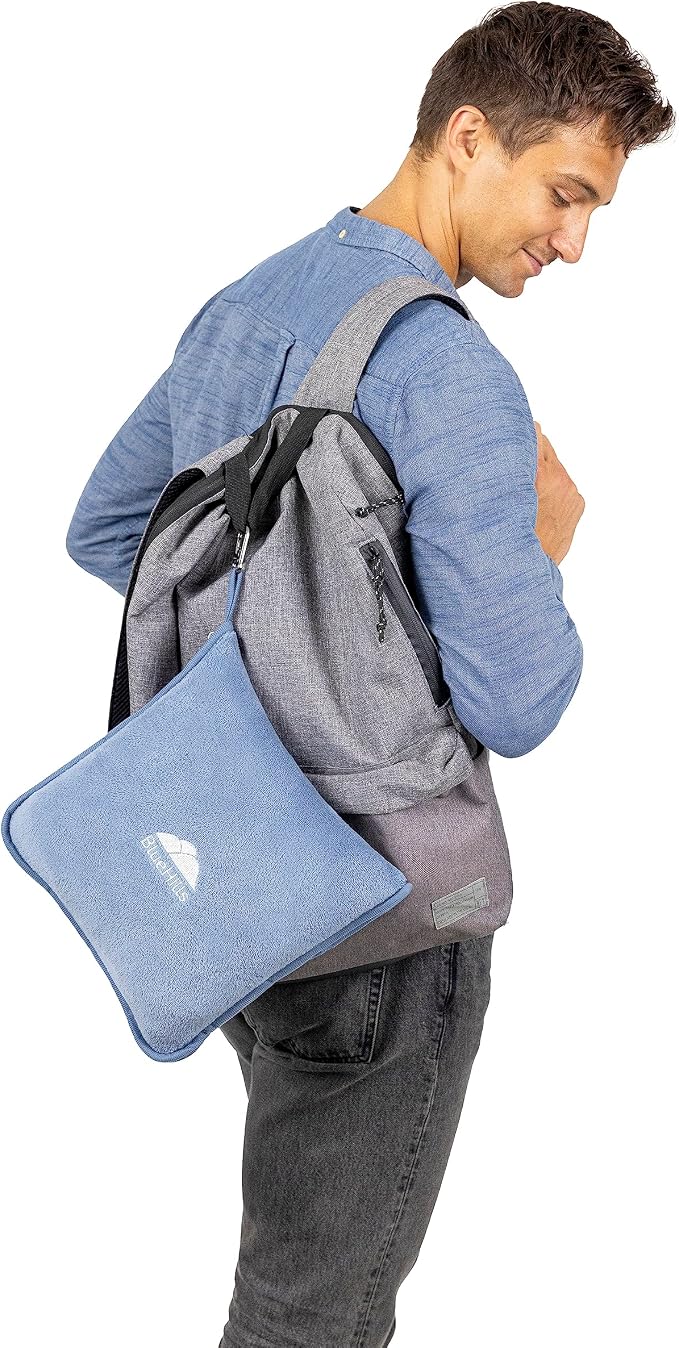 BlueHills Travel Blanket Pillows for Two Airplane Traveling Essentials Flight Throws in Bag case with Backpack Clip Compact Large Plane Accessories – Beige and Grayish Blue - Image 9