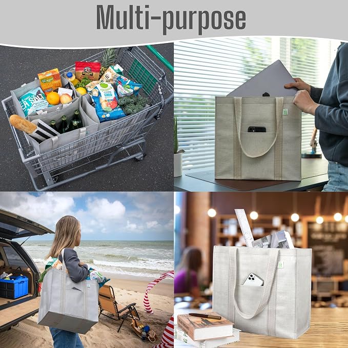 VENO 4 Pack Large Grocery Bag Reusable Shopping Bags with Hard Bottom | Utility Tote with Reinforced Handles, Heavy Duty, Foldable, Stand Upright, for Groceries Shopping Cart Storage(Beige, 4 Pack) - Image 5