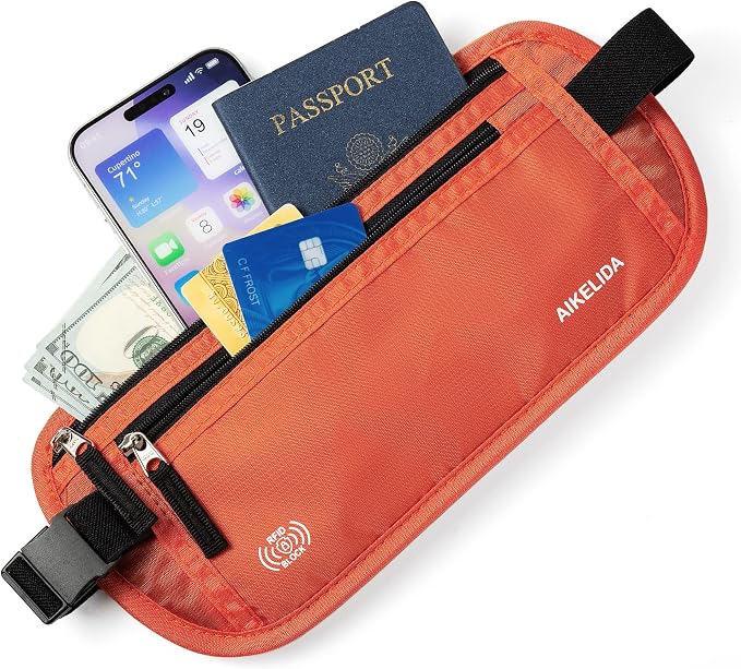 RFID Blocking Money Belt - Passport Holder & Travel Wallet, Slim Hidden Fanny Packs for Women Men - Orange - Image 3